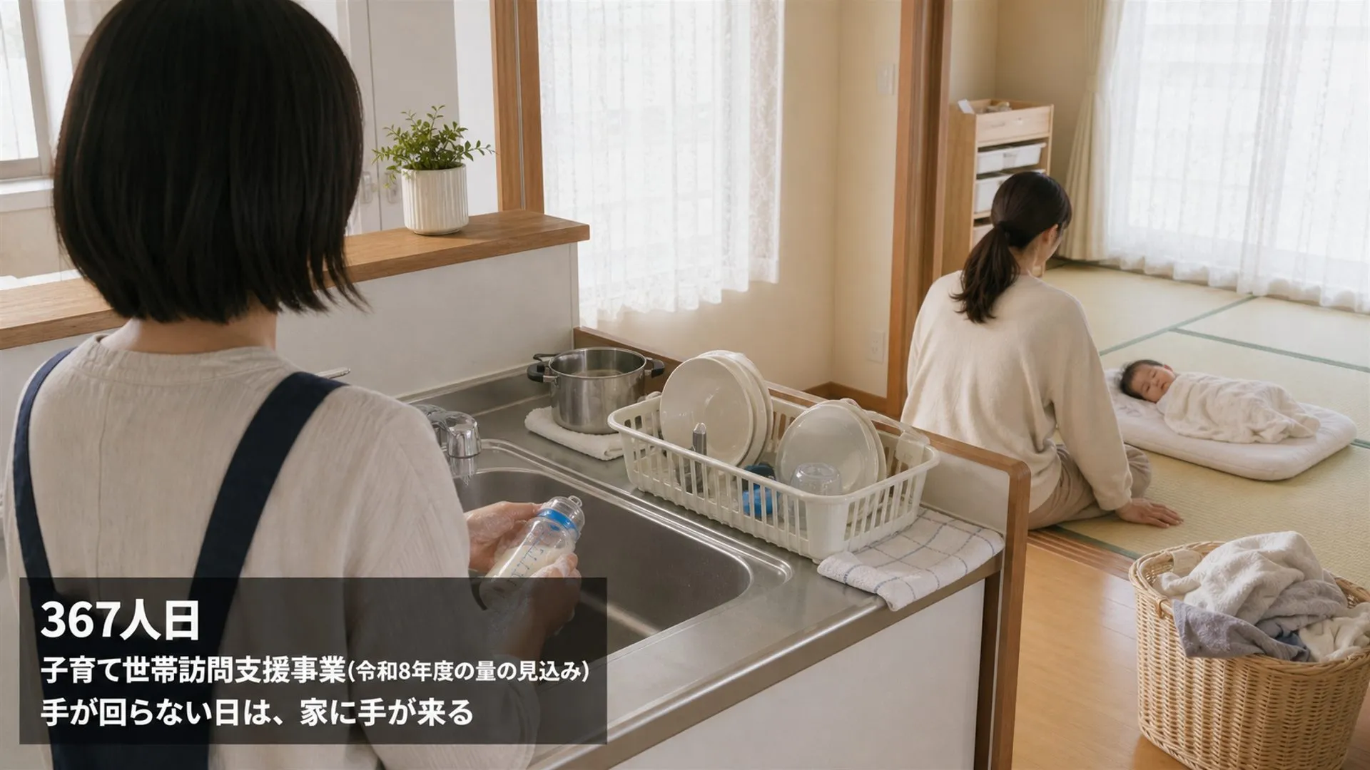 台所で訪問支援員が哺乳瓶を洗い、隣の部屋で母親が赤ちゃんの横に座っている。左下に「367人日 子育て世帯訪問支援事業(令和8年度の量の見込み)」