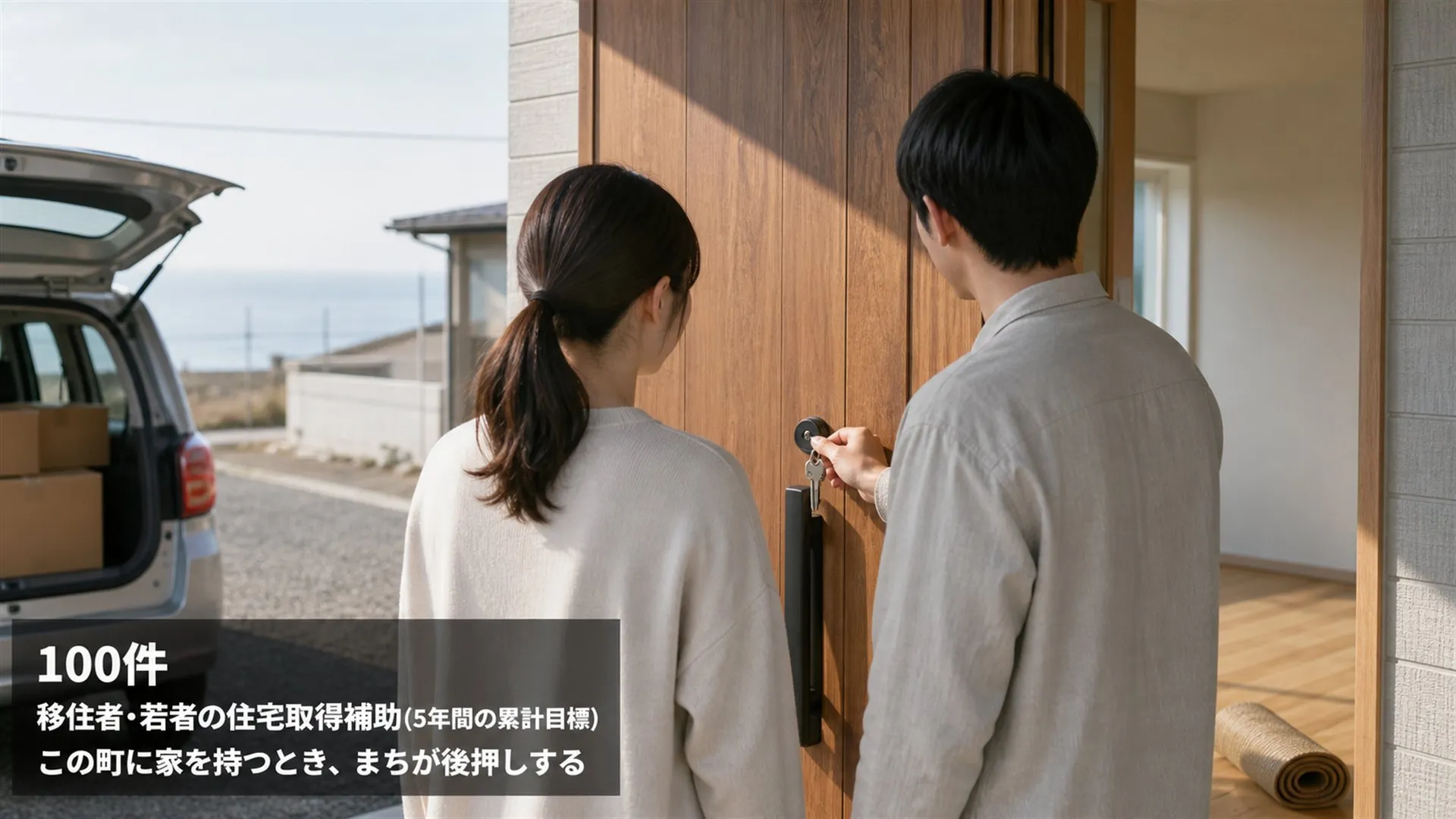 引っ越しの朝、新築の玄関で若い夫婦が鍵を回している。左下に「100件 移住者・若者の住宅取得補助(5年間の累計目標)」
