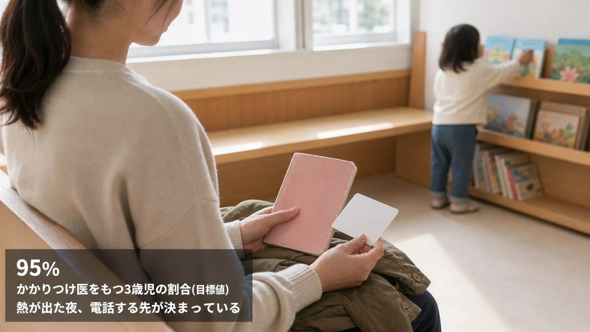 小児科の待合のベンチで、母親が母子手帳と診察券をバッグから出している。左下に「95% かかりつけ医をもつ3歳児の割合(目標値)」