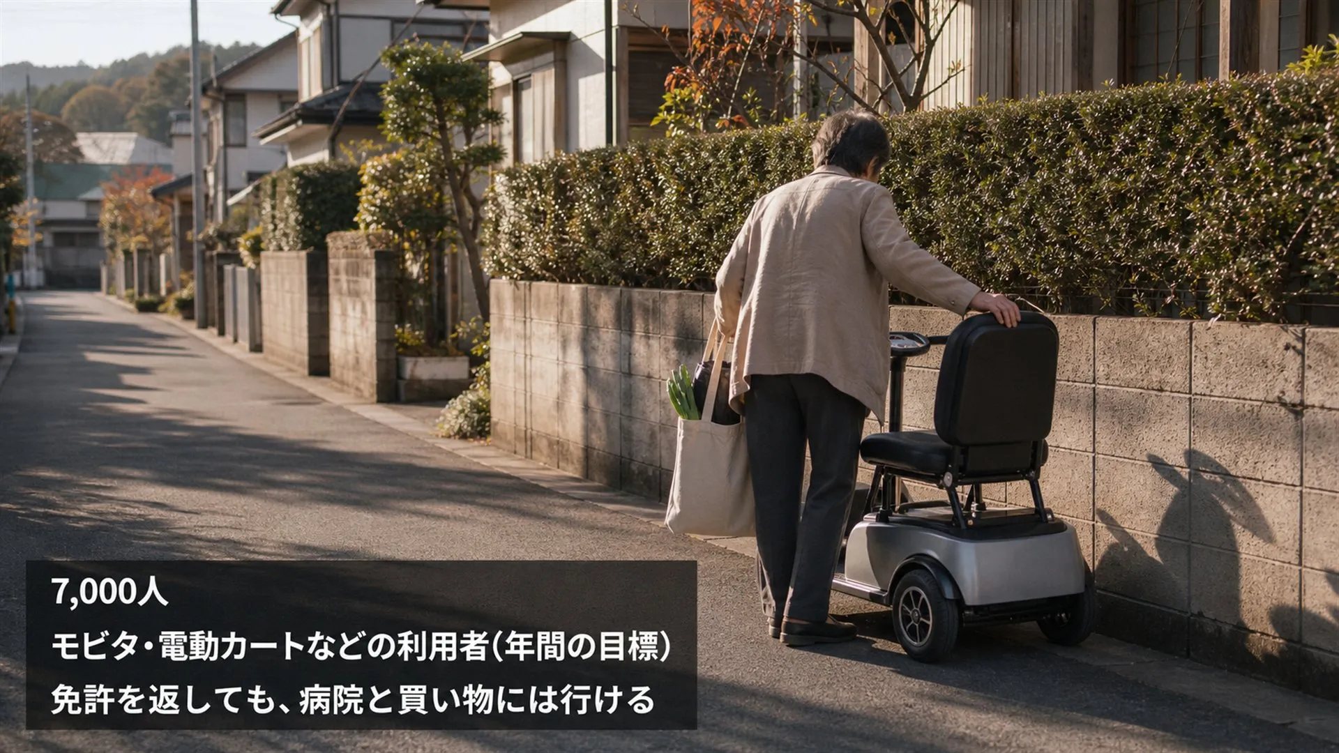 自宅前の道で、買い物袋を提げた高齢の女性が小型の電動カートの座席に手を掛けている。左下に「7,000人 モビタ・電動カートなどの利用者(年間の目標)」