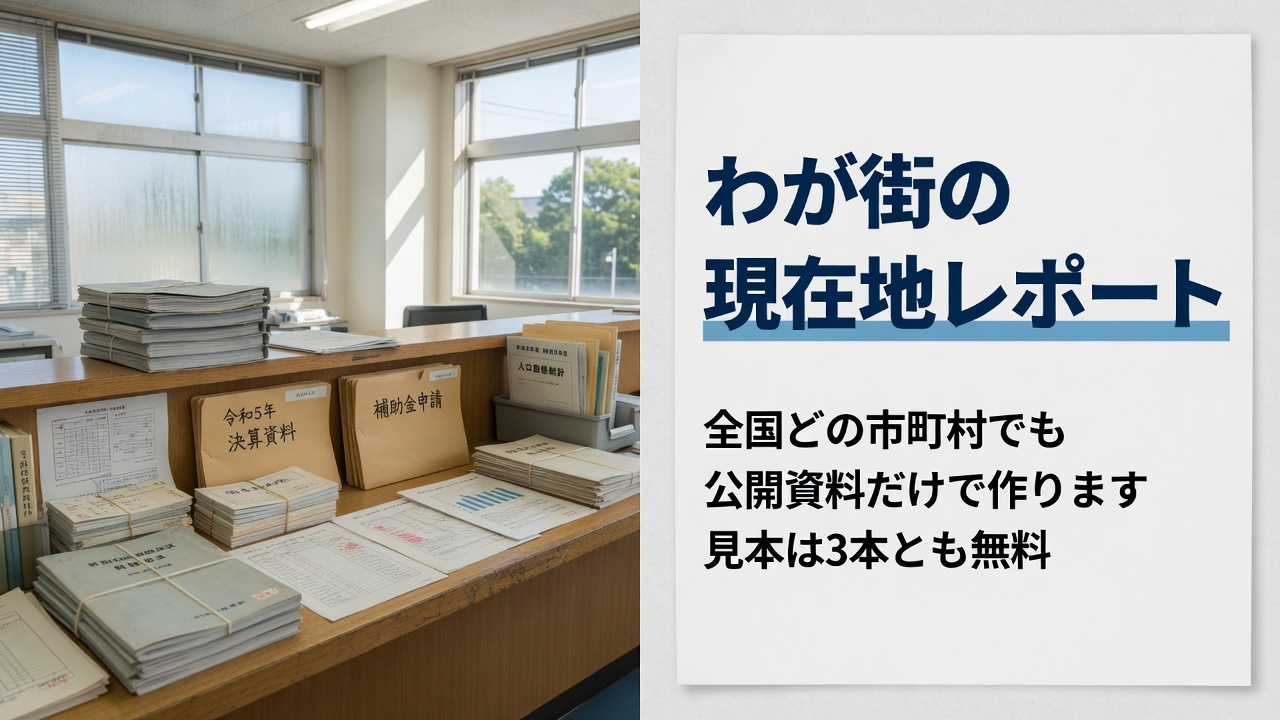 市役所の窓口に積まれた決算書と統計の冊子。わが街の現在地レポート。全国どの市町村でも公開資料だけで作ります。見本は3本とも無料