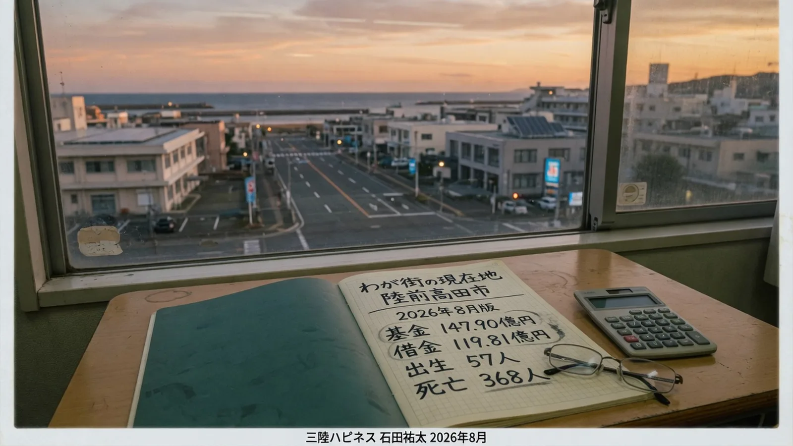 夕暮れの窓辺の机に、開いた大学ノートと電卓と老眼鏡が置かれている。窓の外は海に向かう広い道路と、建ち並ぶ低い建物。ノートには太いペンで、わが街の現在地 陸前高田市、2026年8月版、基金 147.90億円、借金 119.81億円、出生 57人、死亡 368人、と手書きされている。画面下の白い帯に 三陸ハピネス 石田祐太 2026年8月。実際の陸前高田市を撮影した写真ではなく、記事の内容を表す作り絵です。