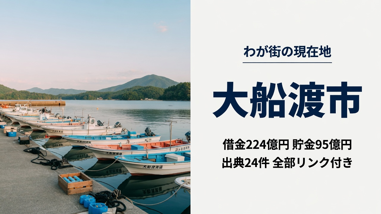 大船渡の漁港と、この資料の見出し。わが街の現在地・大船渡市。借金224億円 貯金95億円。出典24件すべてリンク付き