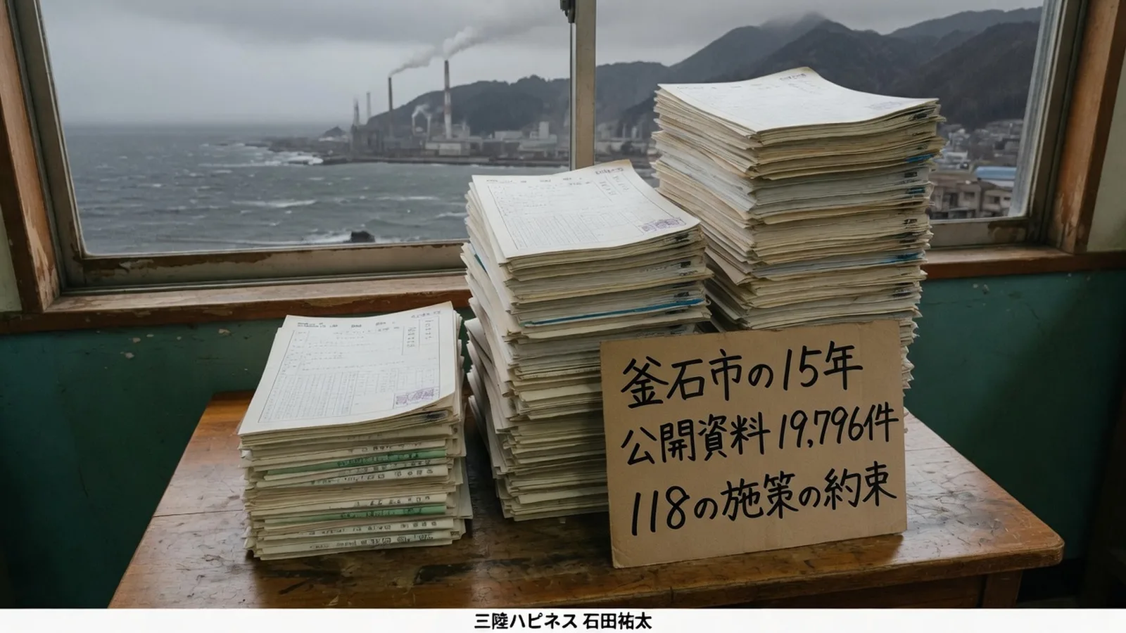 釜石市の公開資料19,796件を積み上げた読書机のイメージ。カードに 釜石市の15年 118の施策の約束