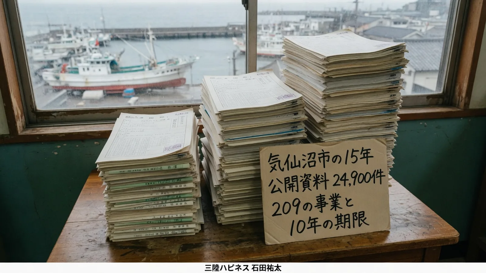 気仙沼市の公開資料24,900件を積み上げた読書机のイメージ。カードに 気仙沼市の15年 209の事業と10年の期限