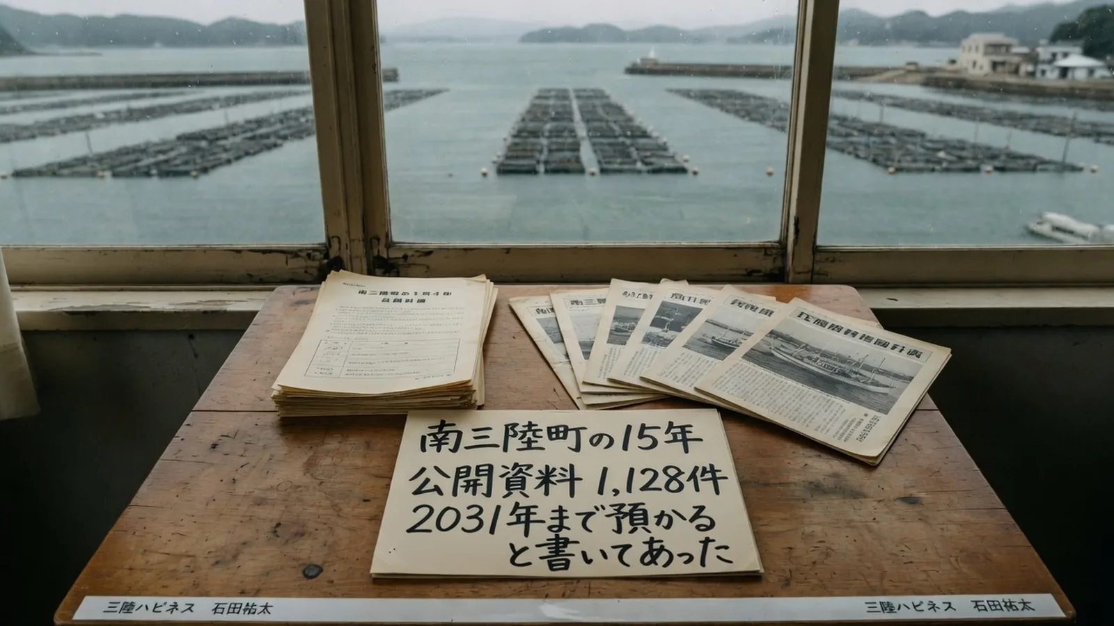 南三陸町の公開資料1,128件を机に置いたイメージ。カードに 2031年まで預かる と書いてあった