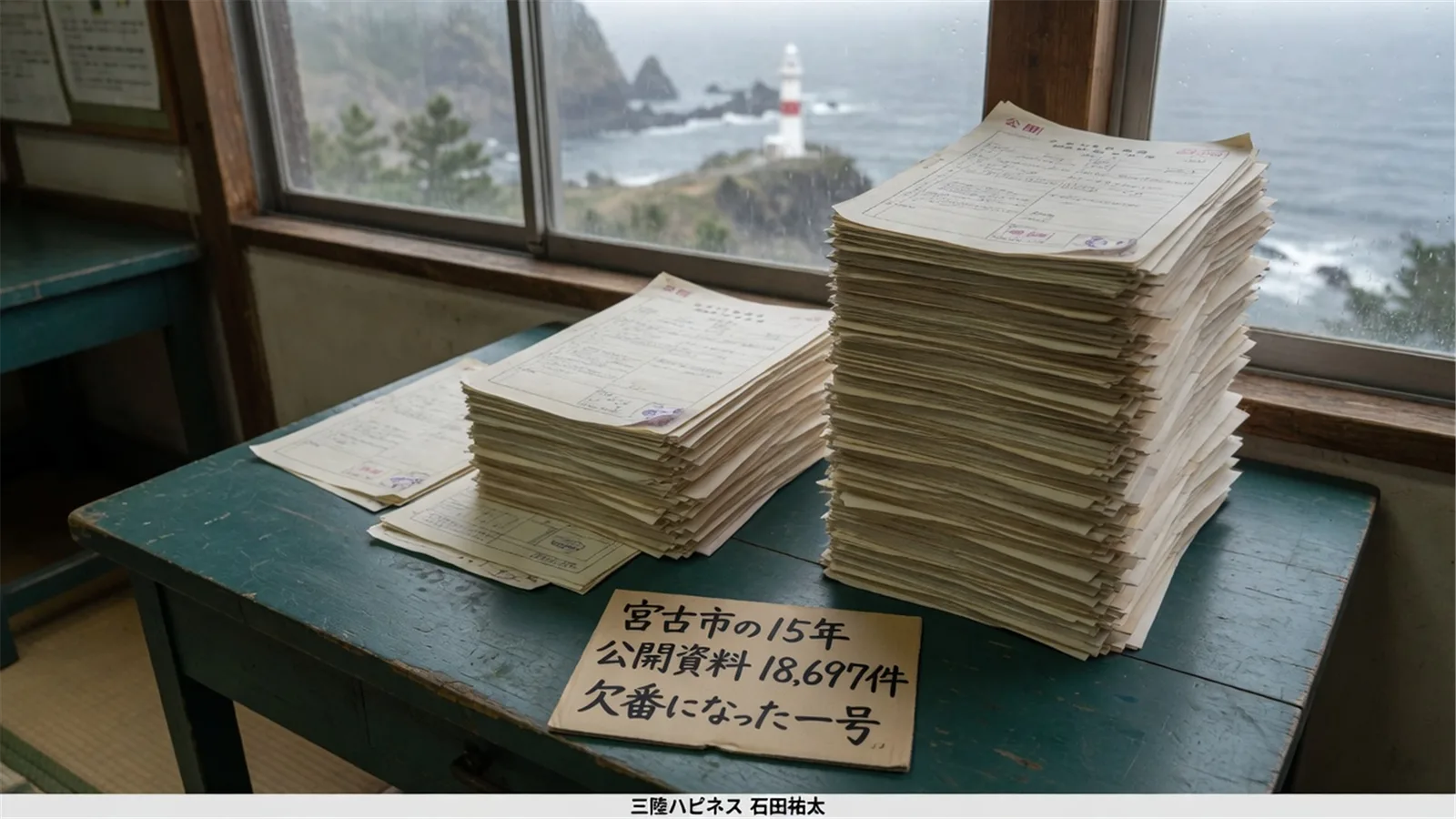宮古市の公開資料18,697件を積み上げた読書机のイメージ。カードに 宮古市の15年 欠番になった一号
