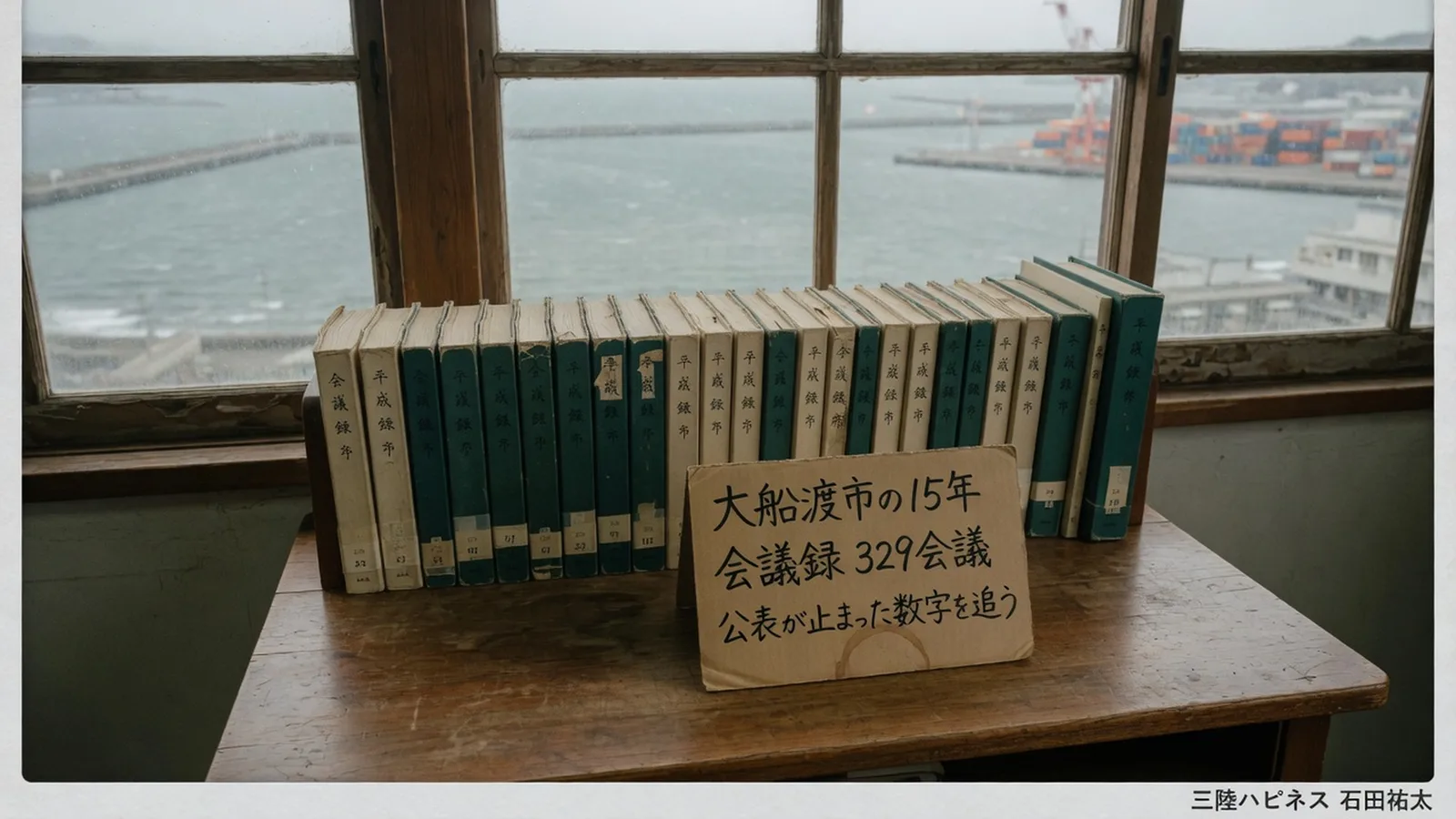 大船渡市の会議録329会議ぶんの綴じ冊子を並べたイメージ。カードに 公表が止まった数字を追う