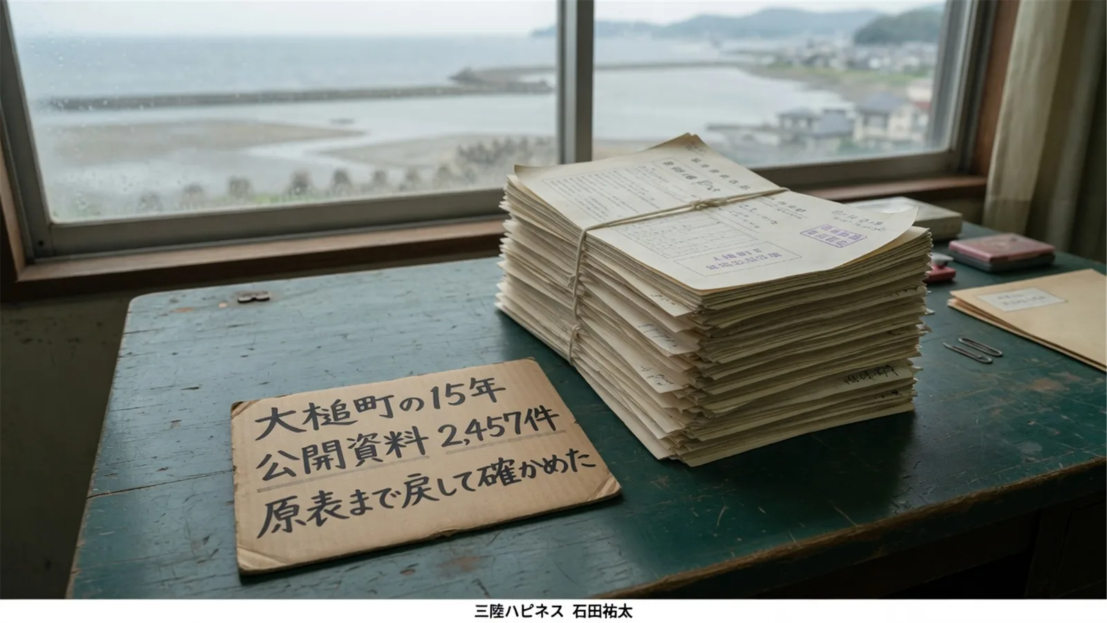 大槌町の公開資料2,457件を机に置いた読書机のイメージ。カードに 大槌町の15年