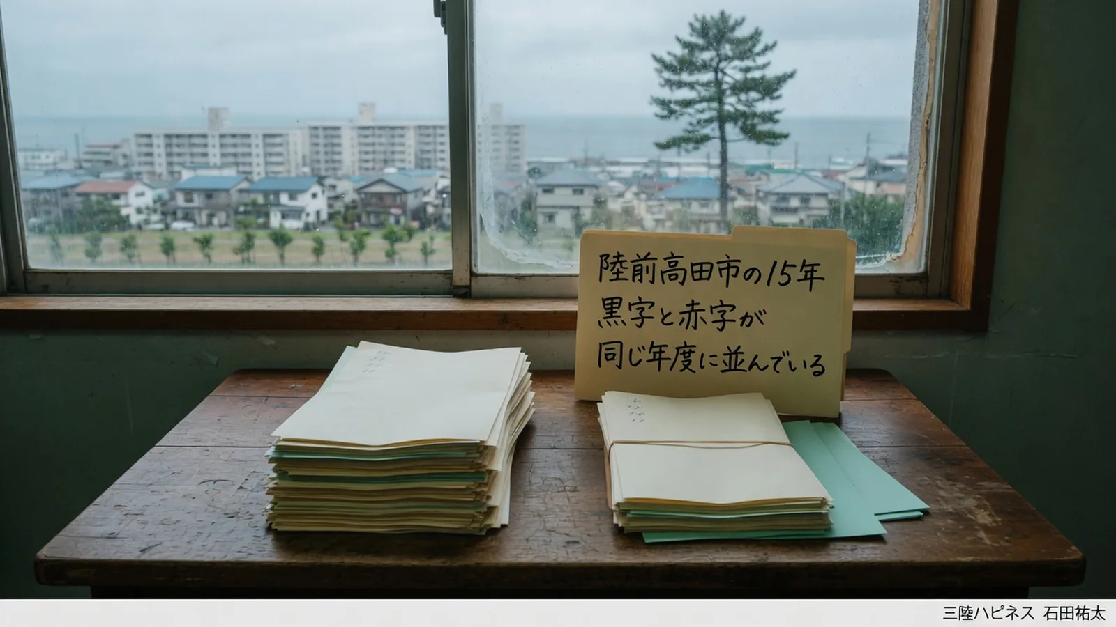 陸前高田市の一次資料を左右二山に分けて置いたイメージ。カードに 黒字と赤字が同じ年度に並んでいる