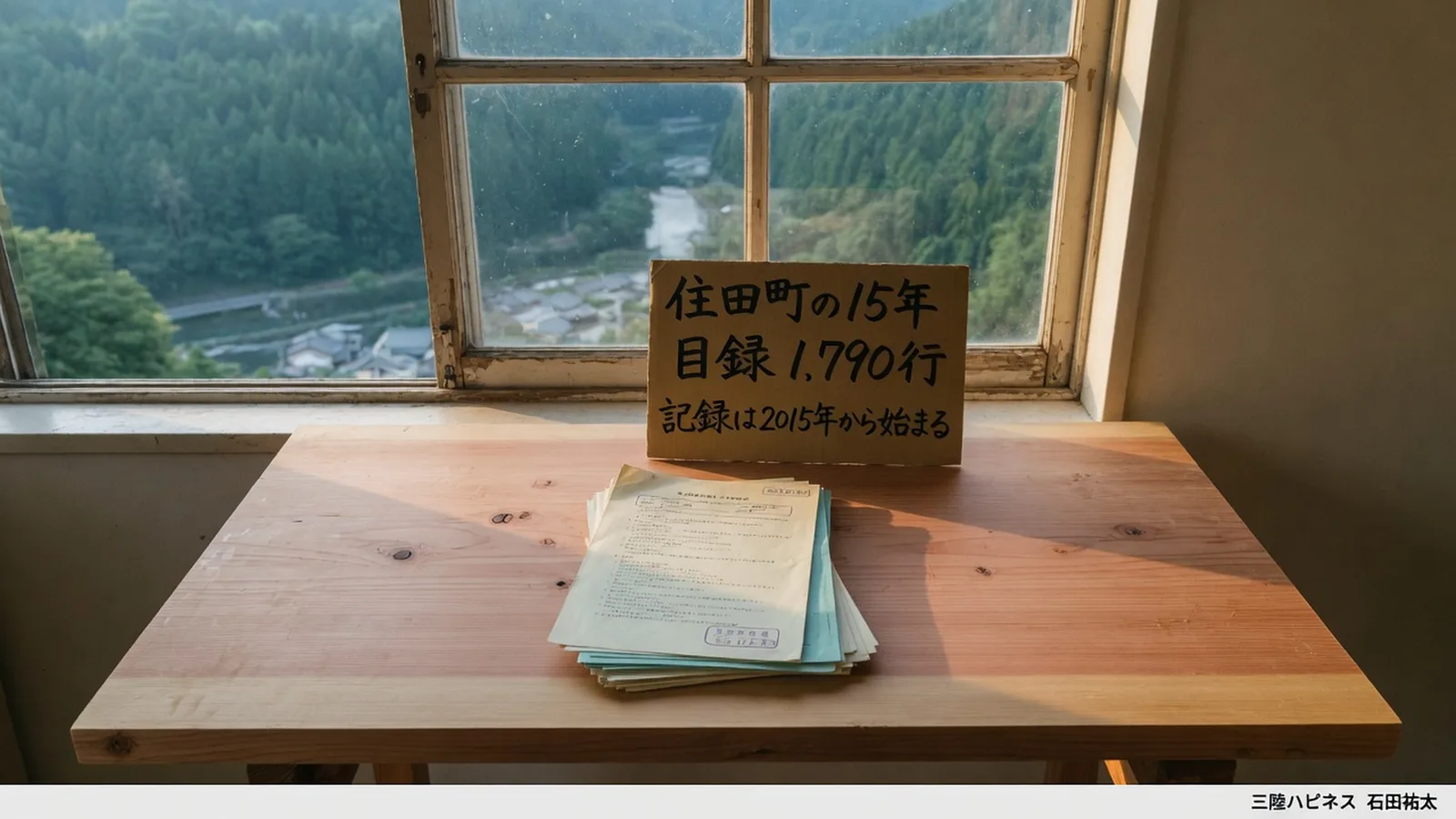 住田町の目録1,790行ぶんの資料を杉の机に置いたイメージ。カードに 記録は2015年から始まる