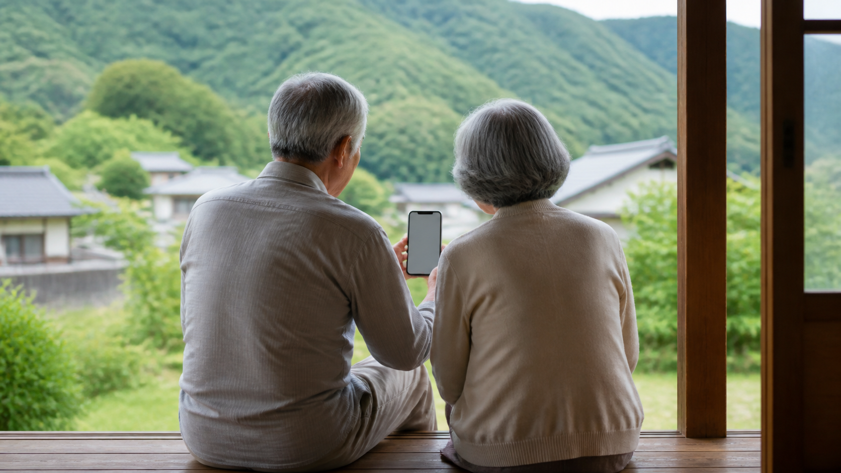 緑の山と数軒の家を望む縁側で、高齢の夫婦が後ろ姿で1台のスマートフォンを一緒に見る写真