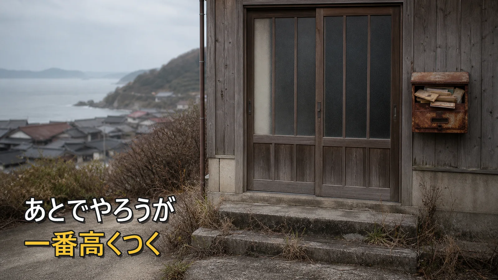草に埋もれた玄関と、郵便物があふれた郵便受け。あとでやろうが一番高くつく、の文字。記事の内容を表す作り絵で、実在の場所や人を撮影した写真ではありません