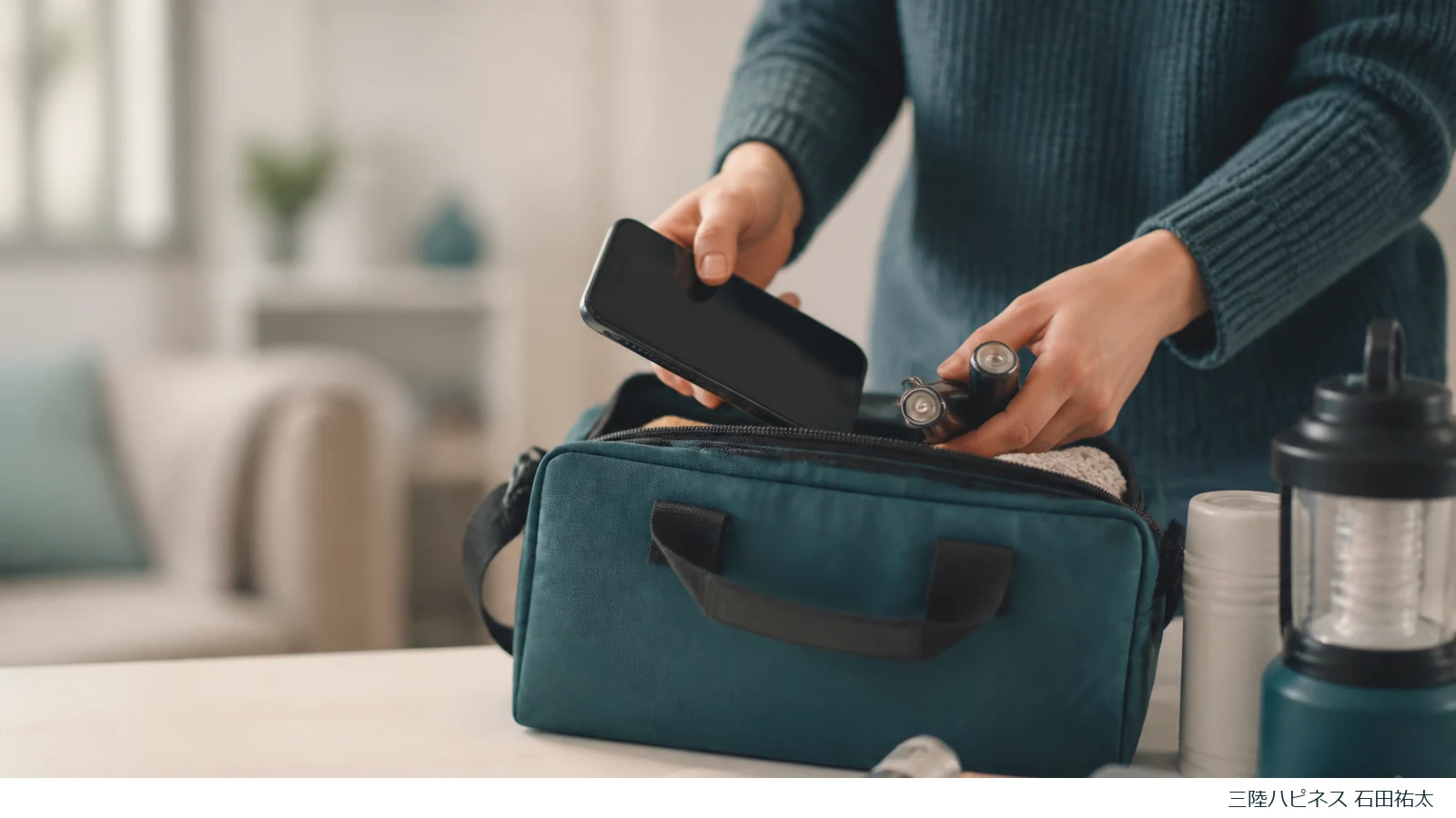 気仙の防災情報をスマホで受け取る備え。記事の内容を表す作り絵で、実在の場所や人を撮影した写真ではありません
