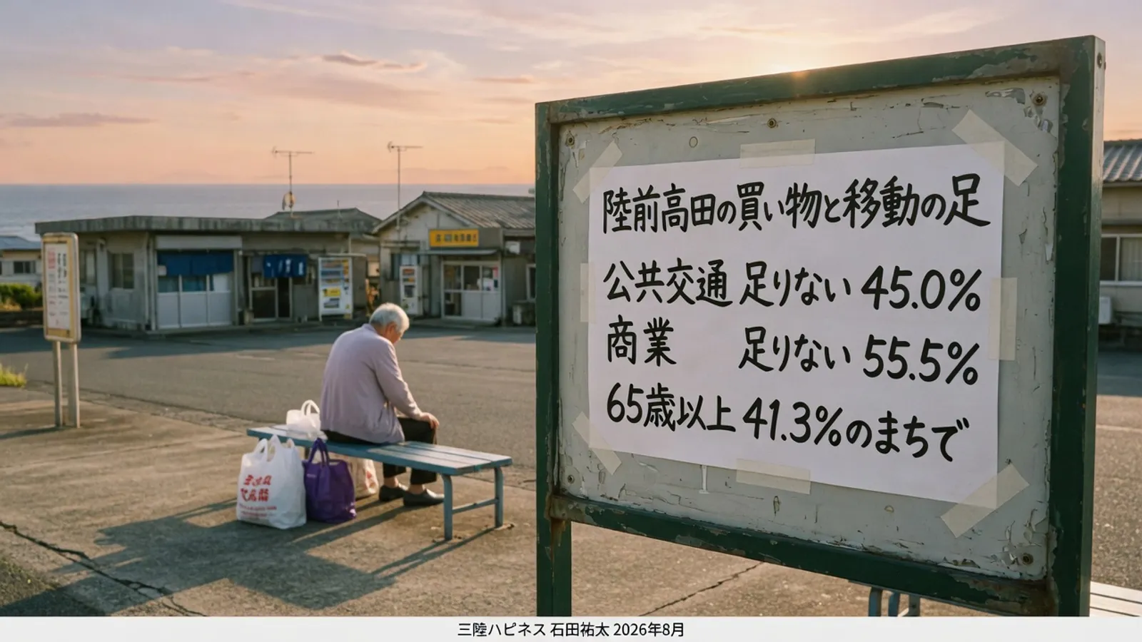 夕方の海沿いの町のバス停。掲示板の白い貼り紙に、陸前高田の買い物と移動の足、公共交通 足りない 45.0%、商業 足りない 55.5%、65歳以上 41.3%のまちで、と手書きされている。手前のベンチには買い物袋を足元に置いた年配の人が後ろ姿で座っている。画面下部に 三陸ハピネス 石田祐太 2026年8月。実際の陸前高田市を撮影した写真ではなく、記事の内容を表す作り絵です。