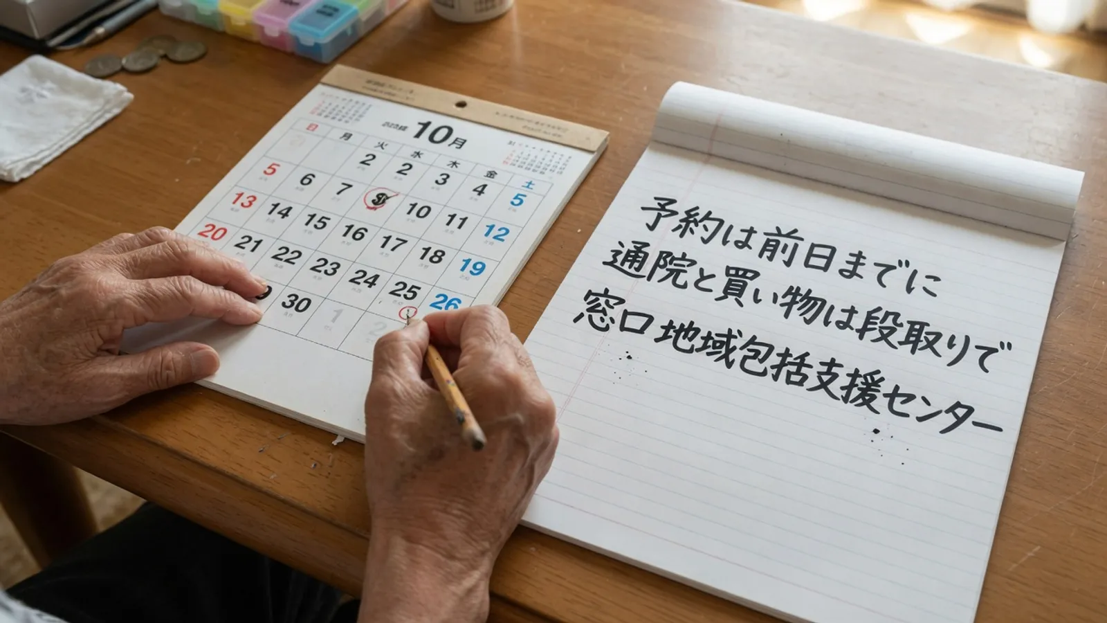 居間のテーブルで年配の人の手が鉛筆で卓上カレンダーに印を付けている。隣のメモ帳に、予約は前日までに、通院と買い物は段取りで、窓口 地域包括支援センター、と手書きされている。実際の場面を撮影した写真ではなく、記事の内容を表す作り絵です。