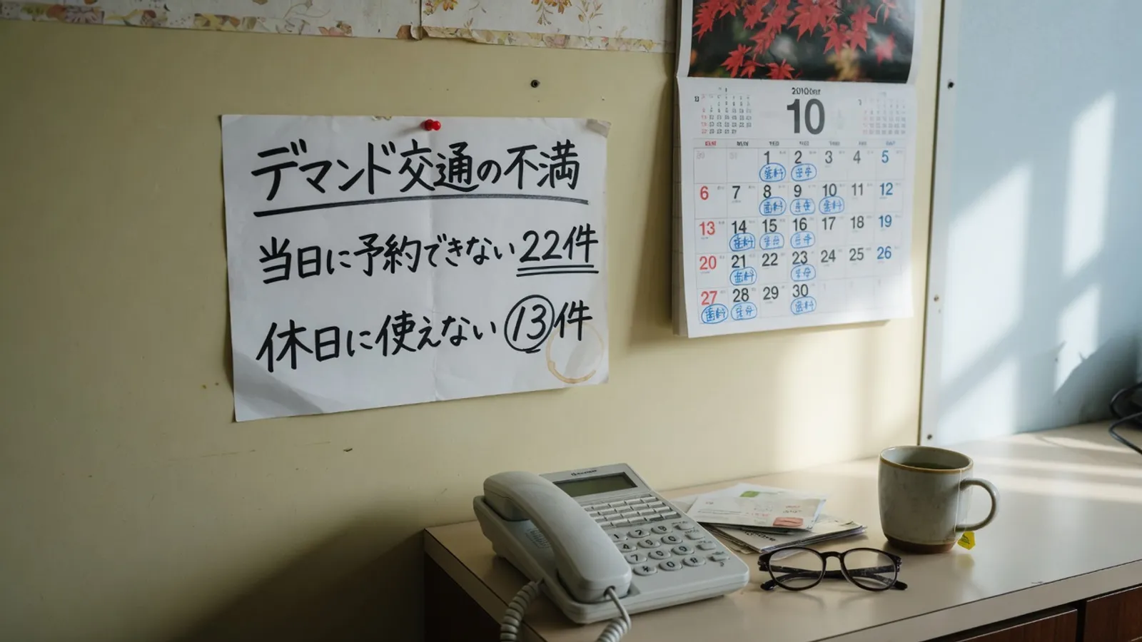 事務所の壁に貼られた白い紙に、デマンド交通の不満、当日に予約できない 22件、休日に使えない 13件、と手書きされている。下の机に固定電話と老眼鏡。実際の掲示を撮影した写真ではなく、記事の内容を表す作り絵です。
