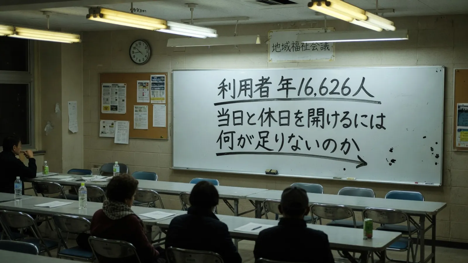 夜の公民館の集会室。ホワイトボードに、利用者 年16,626人、当日と休日を開けるには、何が足りないのか、と手書きされ、手前に後ろ姿の参加者が数人座っている。実際の会合を撮影した写真ではなく、記事の内容を表す作り絵です。