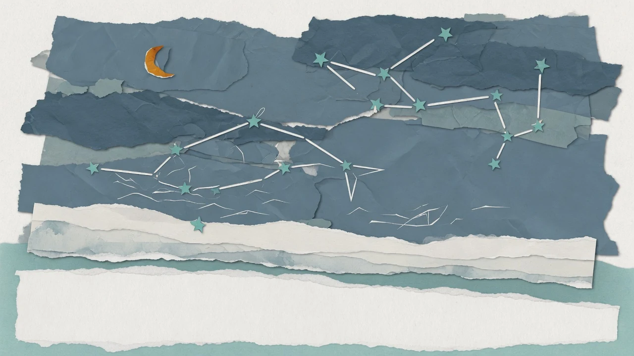 紙を重ねた夜空に、記事たちが星座としてつながっている絵。作り絵で、実在の場所や人を撮影した写真ではありません