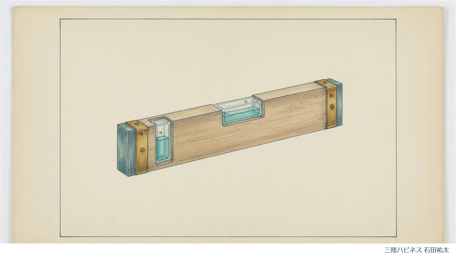 総合建設の道具の図版です。大工が使う水平器を1本を一点だけ描いています。