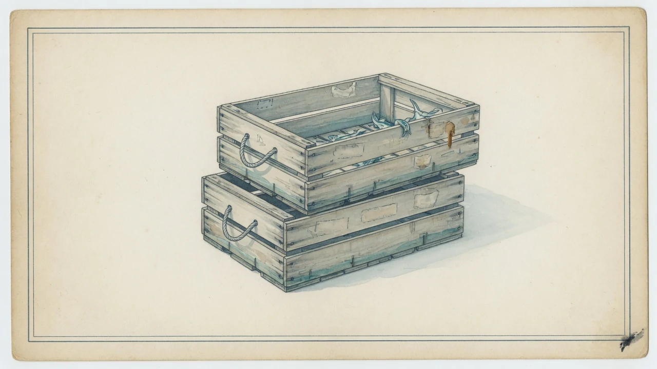 水産加工の道具の図版です。空の魚箱を2段に重ねたところを一点だけ描いています。