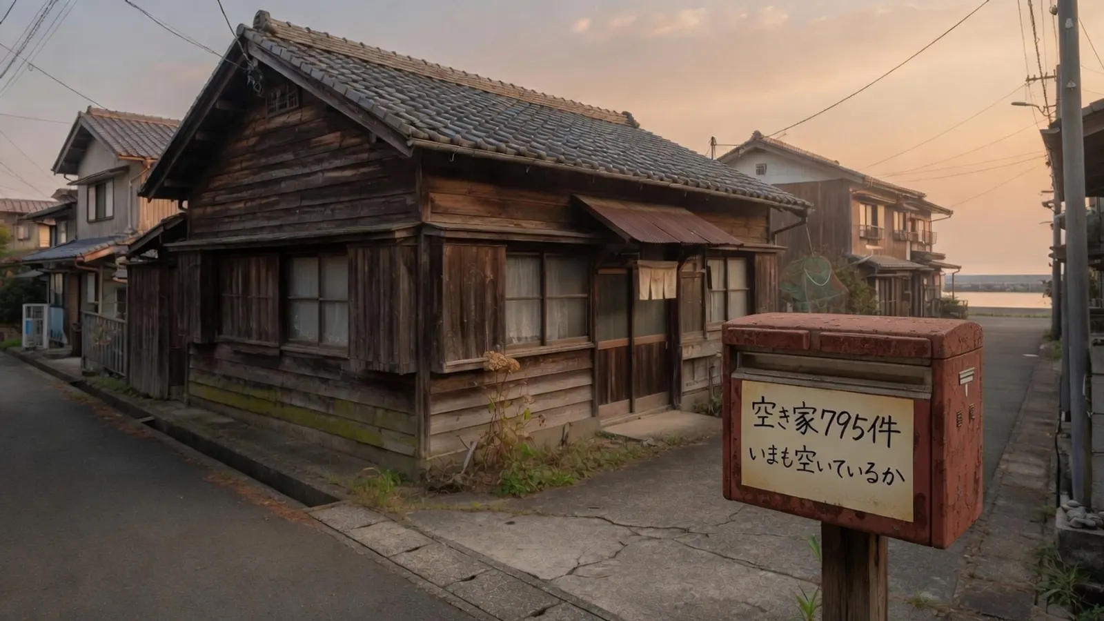 夕方の住宅街に立つ古い木造の空き家。手前の札に、空き家795件 いまも空いているか、と書かれている。