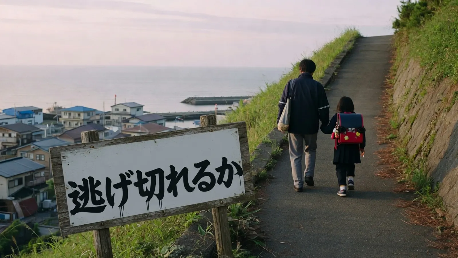朝、海の見える高台へ続く避難路を親子が並んで登っていく。道端の看板に、逃げ切れるか、と書かれている。