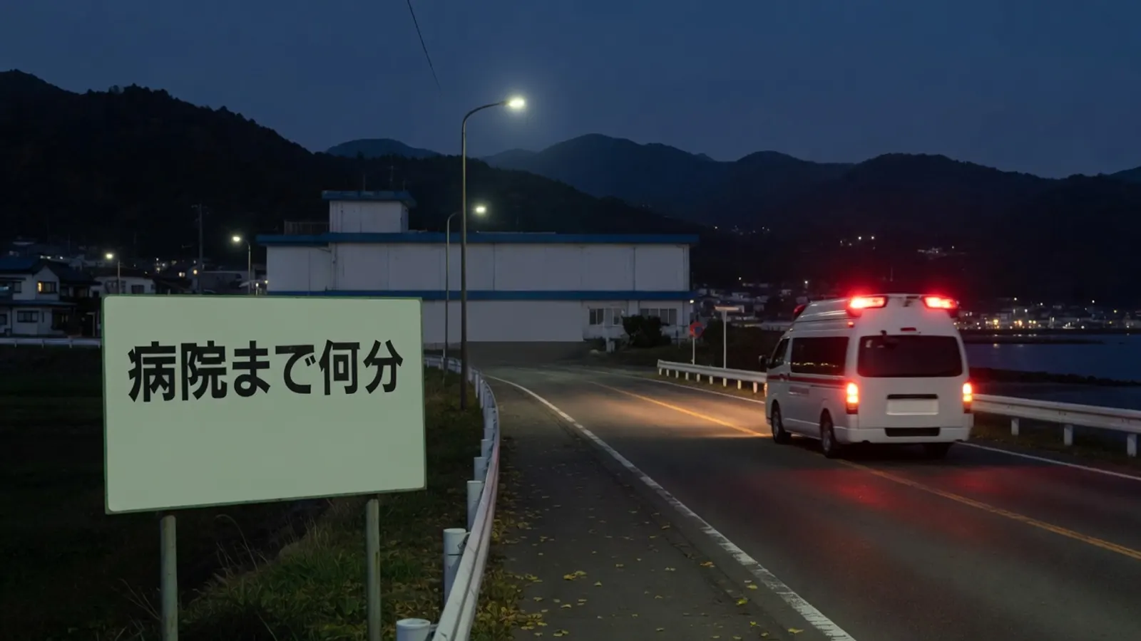 夜の海沿いの国道を走る救急車。道路脇の看板に、病院まで何分、と書かれている。