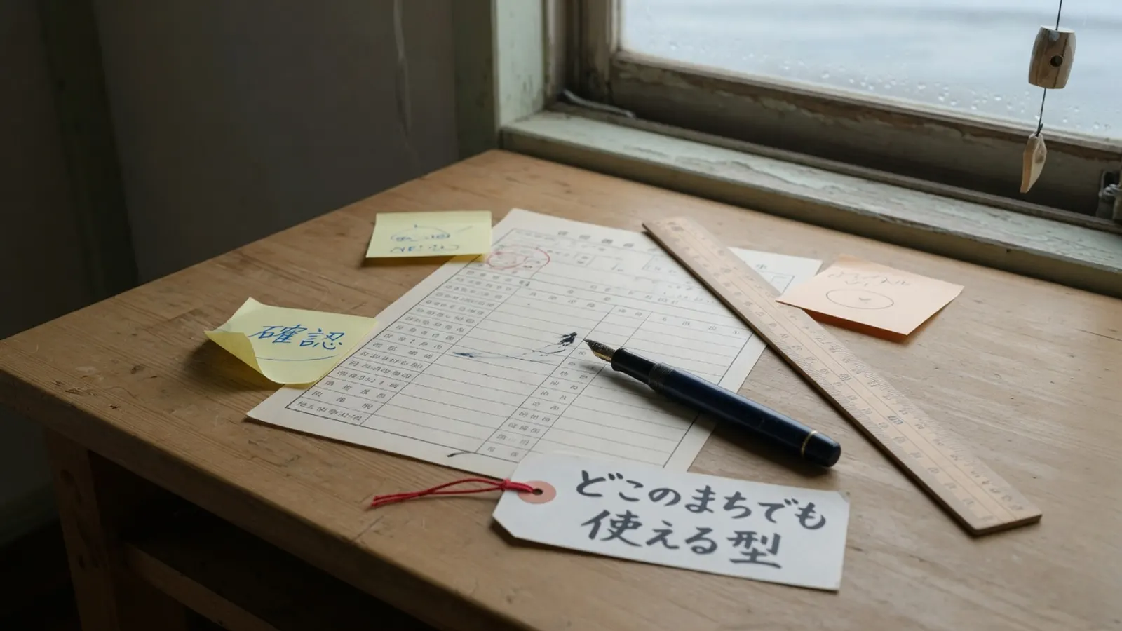 木の机に置かれた、空欄の並ぶ書きかけの用紙と万年筆。札に、どこのまちでも使える型、と書かれている。