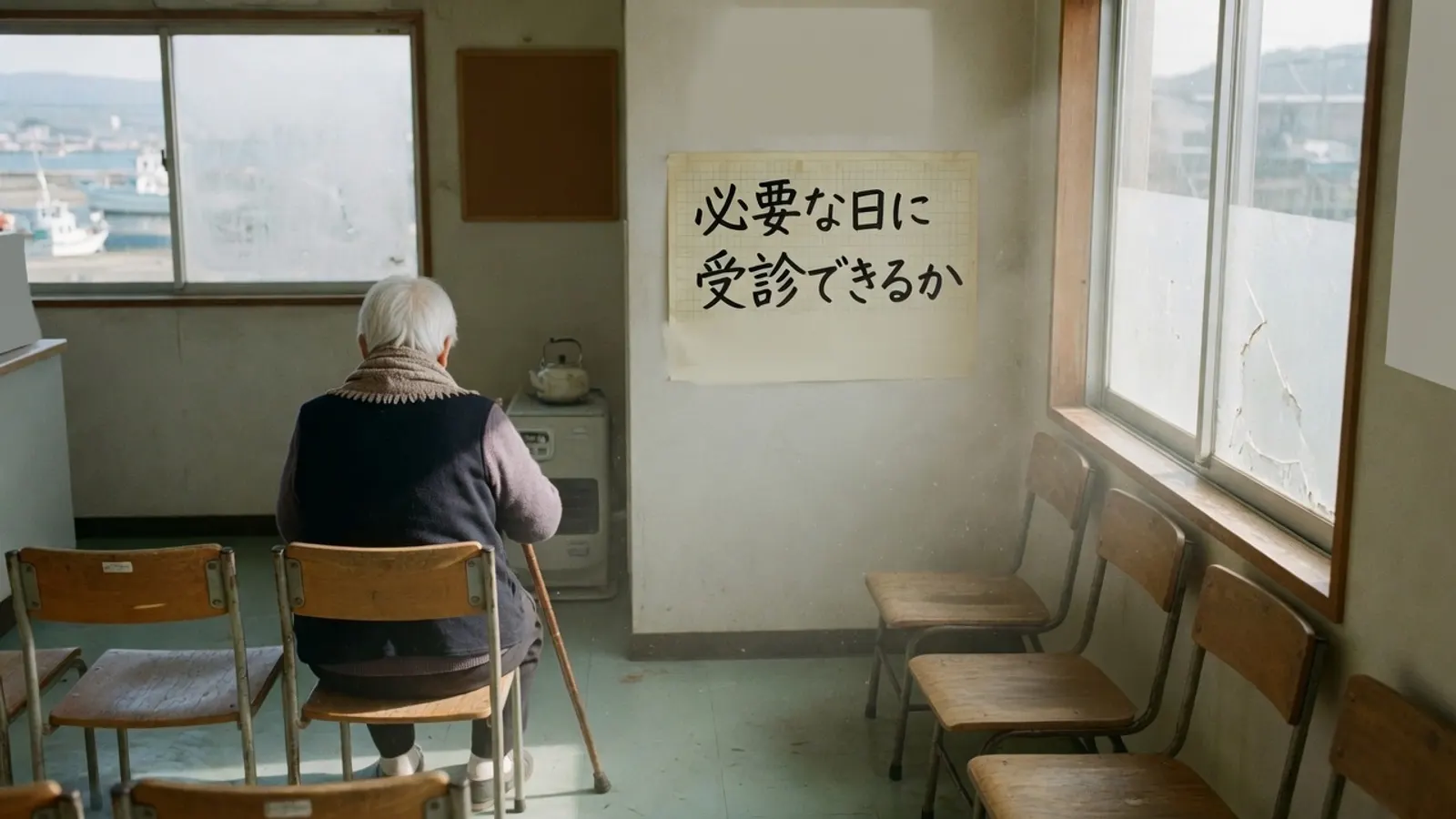 小さな診療所の待合室。窓辺の椅子で年配の人が順番を待っている。貼り紙に、必要な日に受診できるか、と書かれている。