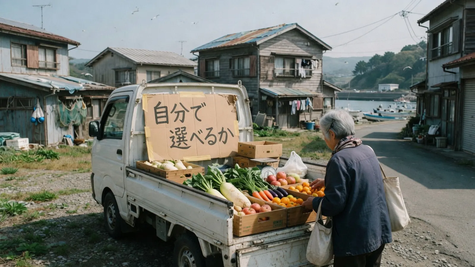 集落の空き地に停まった移動販売の軽トラックで野菜を選ぶ年配の人。札に、自分で選べるか、と書かれている。
