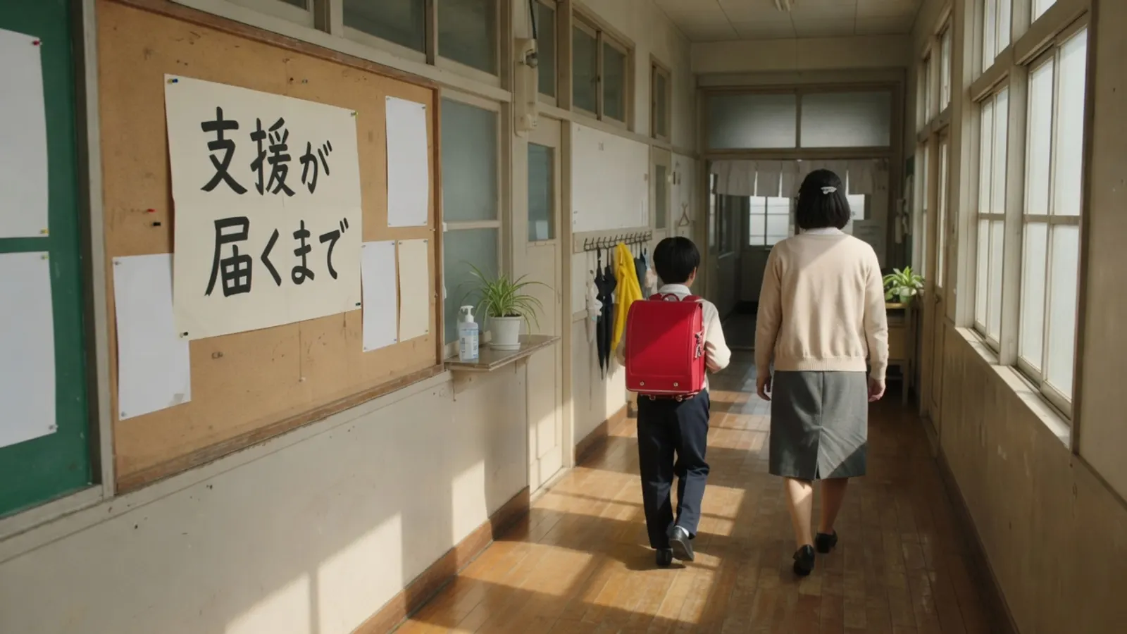 午後の光が差す小学校の廊下を、児童と先生が並んで歩いている。貼り紙に、支援が届くまで、と書かれている。