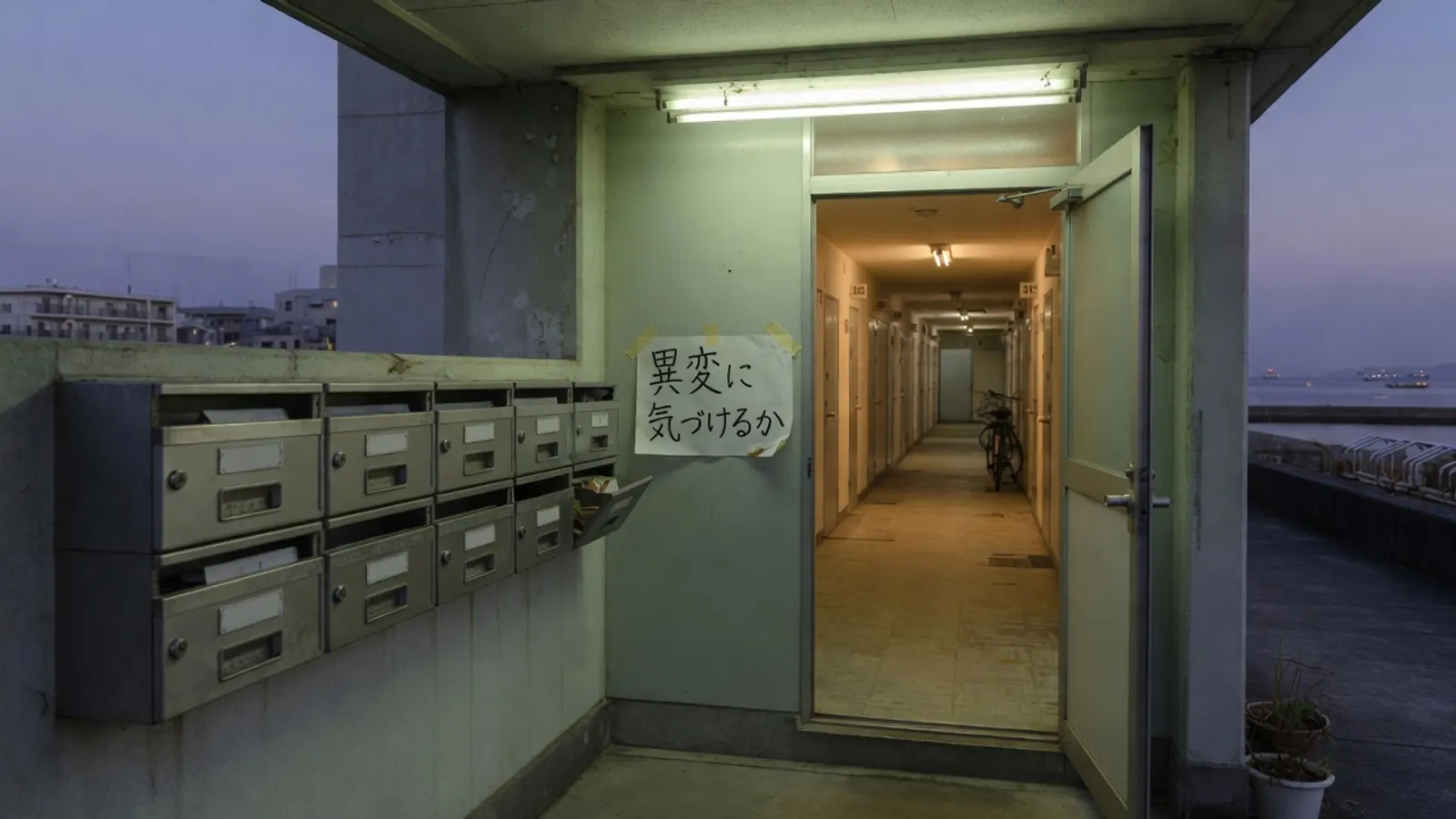 夕暮れの災害公営住宅の集合玄関。並んだ郵便受けの上の札に、異変に気づけるか、と書かれている。