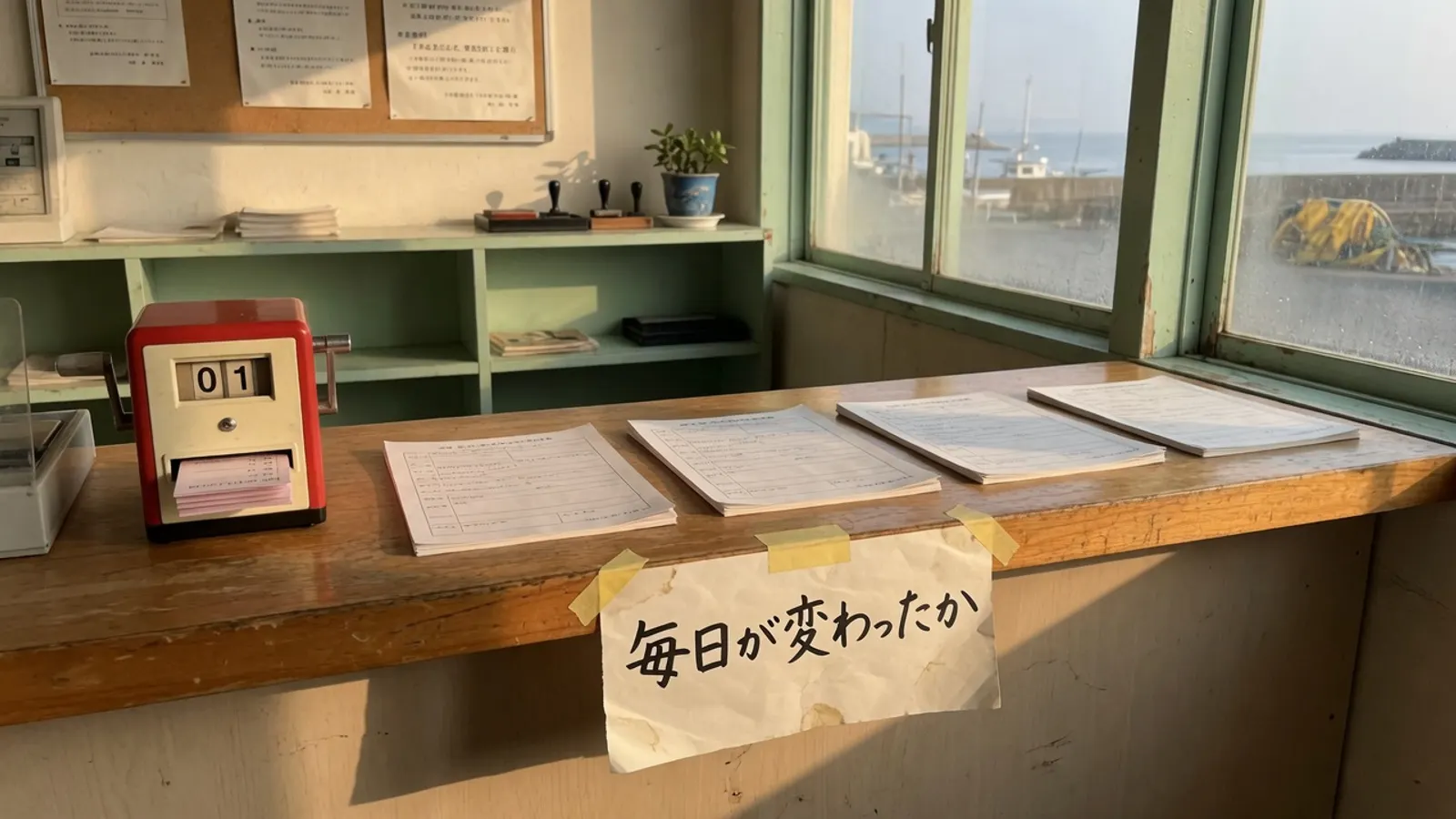 朝の役所の窓口カウンターと積まれた申請用紙。札に、毎日が変わったか、と書かれている。