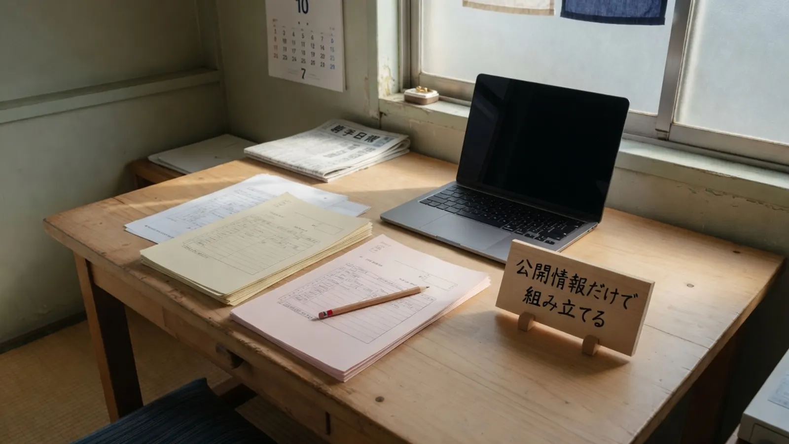 木の机に広げた行政資料の紙束とノートパソコンと鉛筆。札に、公開情報だけで組み立てる、と書かれている。