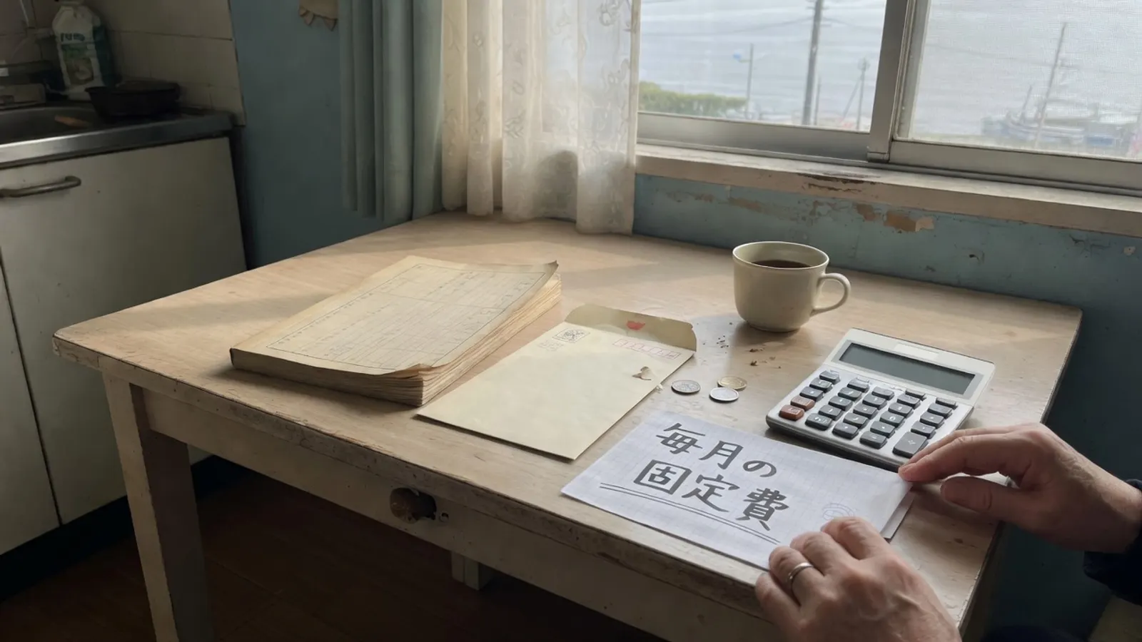 食卓に置かれた家計簿と封筒と電卓。札に、毎月の固定費、と書かれている。