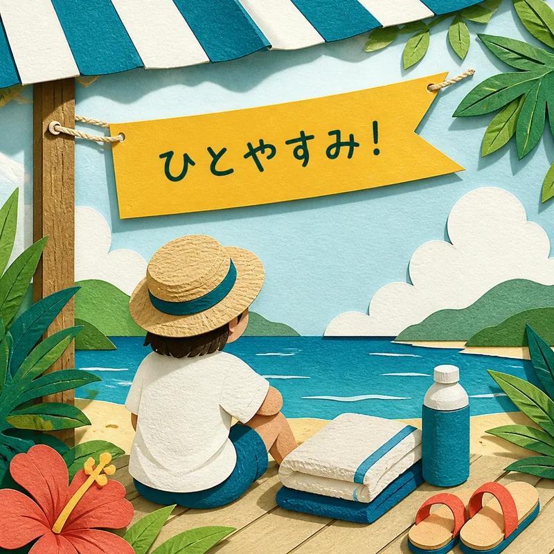 ひとやすみ！の文字と日よけやタオルの紙細工風イラスト